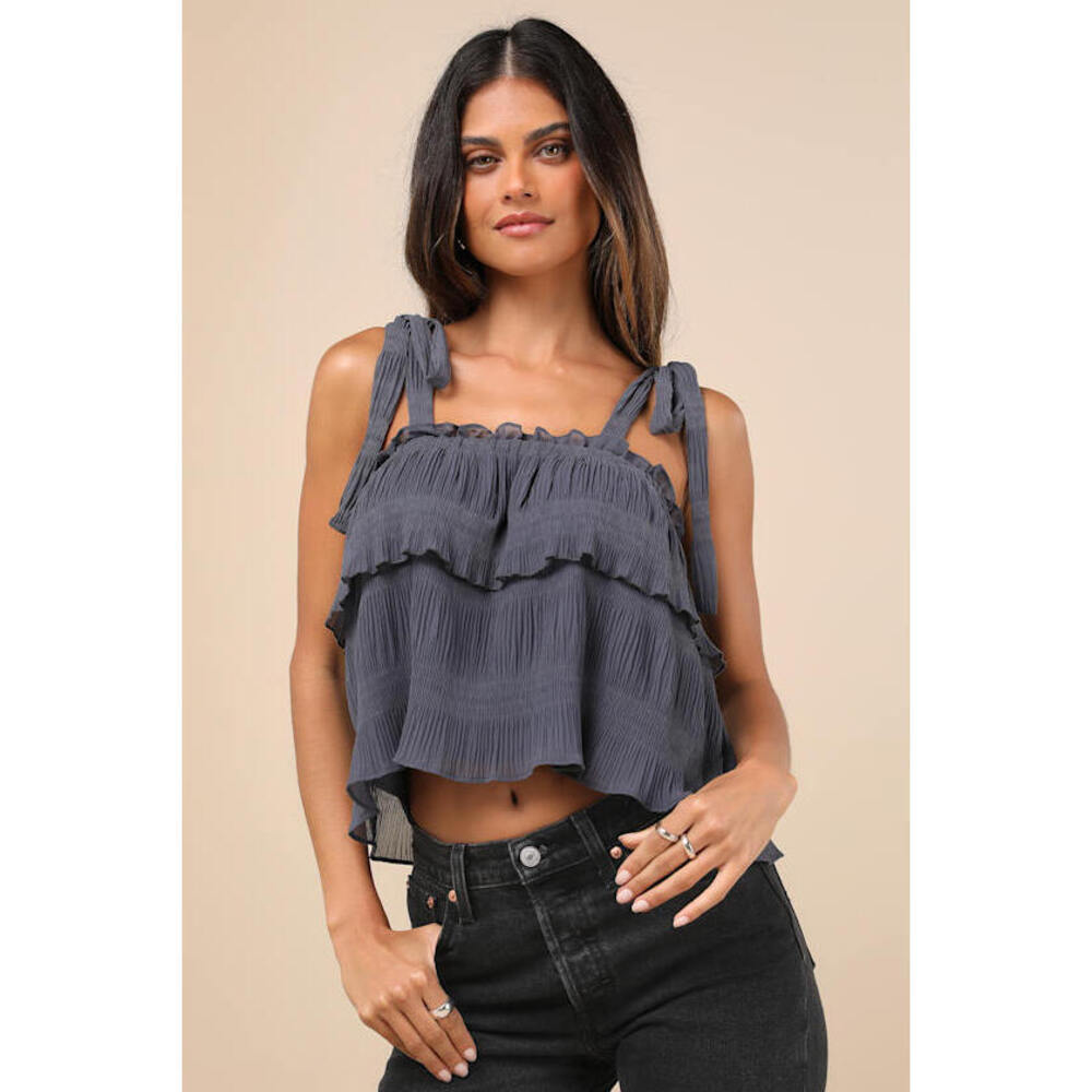 Lulus Tiers To Summer Dark Slate Blue Tie-strap Tiered Tank Top - Size XS